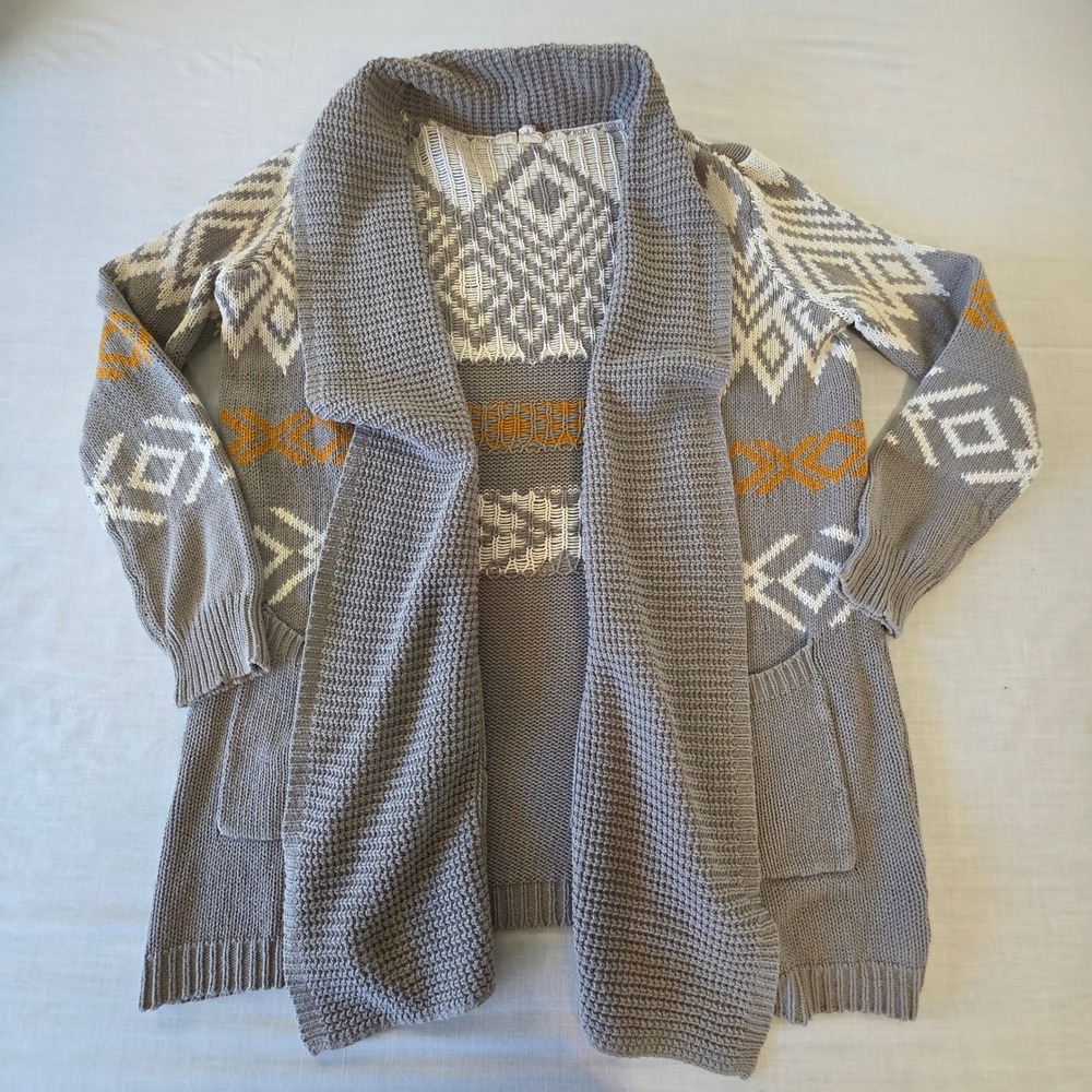Roxy Womens M/L Gray Mustard Geometric Open Front Cardigan Cotton Blend